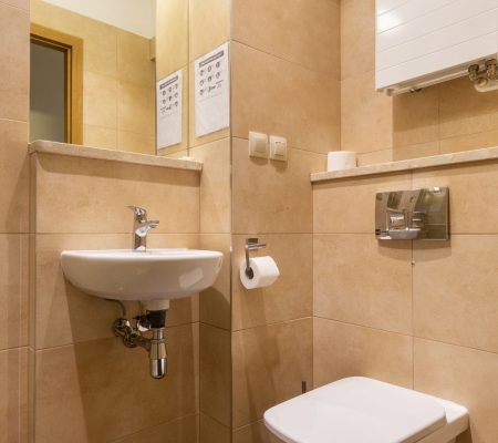Pensjonat U Pana Cogito zdjęcie łazienki w pokoju nr 2, widoczne lustro, umywalka, toaleta